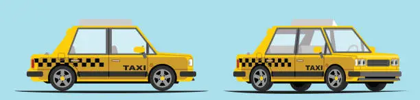Vector illustration of Simple yellow taxi with side view and 3/4 view