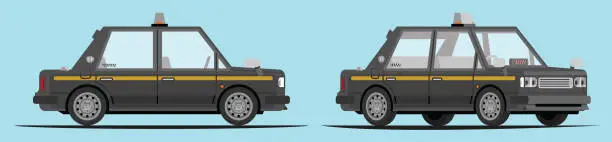 Vector illustration of Simple black taxi with left hand drive, side view and 3/4 view