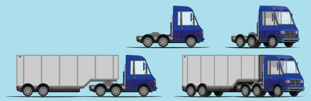 sattelzug, sattelschlepper mit anhänger, mit seitenansicht und 3/4 ansicht - car side view truck truck driver stock-grafiken, -clipart, -cartoons und -symbole