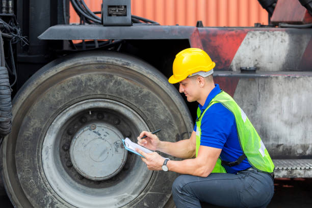 istock Mechanics checking wheel in cargo container. Professional technician pre-check forklift truck tires, safety concept. 1250372357