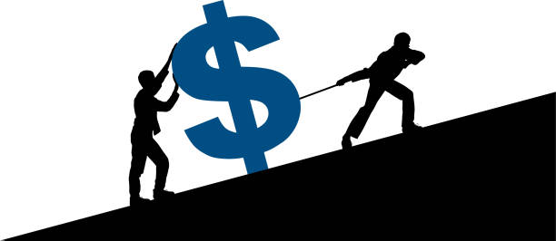 geld verdienen in einer krise - pushing pulling men silhouette stock-grafiken, -clipart, -cartoons und -symbole