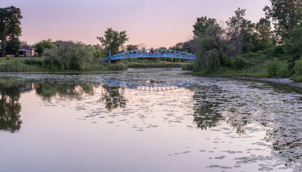 blue heron pond - windsor (ontario) - retention pond photos et images de collection