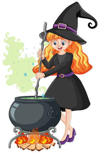 Young Beautiful Witch With Black Magic Pot Cartoon Style Isolated On White  Background Stock Illustration - Download Image Now - iStock