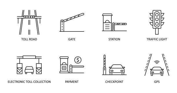 illustrazioni stock, clip art, cartoni animati e icone di tendenza di set vettoriale di icone stradali a pedaggio. tratto modificabile. l'icona dell'autostrada include il semaforo del cancello della stazione. riscossione del pedaggio elettronico, checkpoint di pagamento gps per web design e applicazioni - toll booth