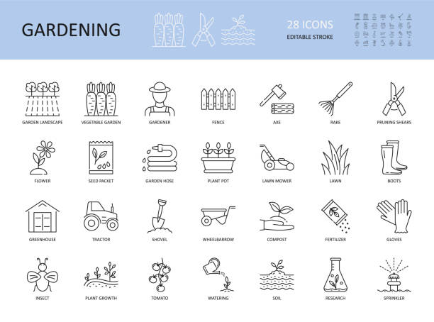 원예 아이콘의 벡터 세트입니다. 편집 가능한 스트로크. 식물 꽃 관리 농업 물 삽 잔디 성장. 야채 씨앗 냄비 잔디 울타리 갈퀴. 수레 풍경 온실 트랙터 급수 연구. - fence line stock illustrations