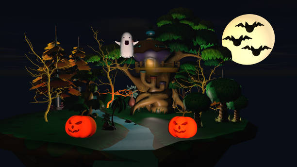 istock Halloween holiday concept. A small house with pumpkins and a funny ghost. 3D rendering 1250385117