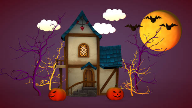istock Halloween holiday concept. A small house with pumpkins and a funny ghost. 3D rendering 1250385132