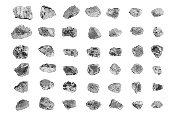 istock Silver stones set white background isolated closeup, iron mine nugget collection, gray metallic rock samples texture, raw metal ore pieces, group shiny grey lumps, natural mineral chunk, rough rubbles 1250387095