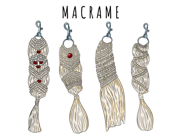 illustrations, cliparts, dessins animés et icônes de ensemble de porte-clés de style boho macrame. collection de charmes de conception de noeud de textile. éléments de macrame indigènes modernes linéaires - knotwork