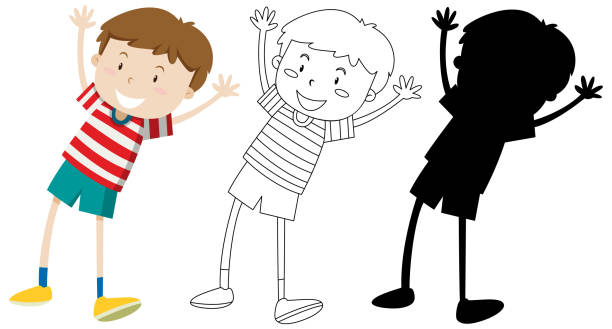 ilustrações de stock, clip art, desenhos animados e ícones de happy boy with its outline and silhouette - boyhood