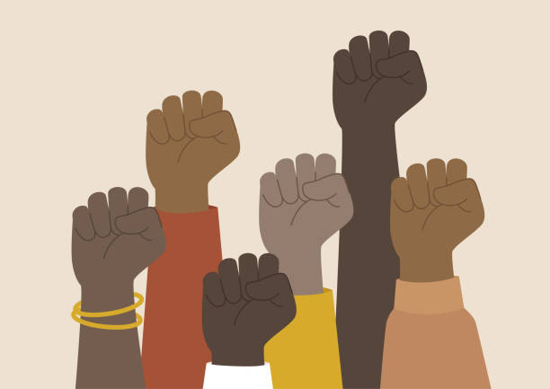 illustrazioni stock, clip art, cartoni animati e icone di tendenza di protesta, pugni stretti, attivismo comunità afroamericana - american justice illustrations