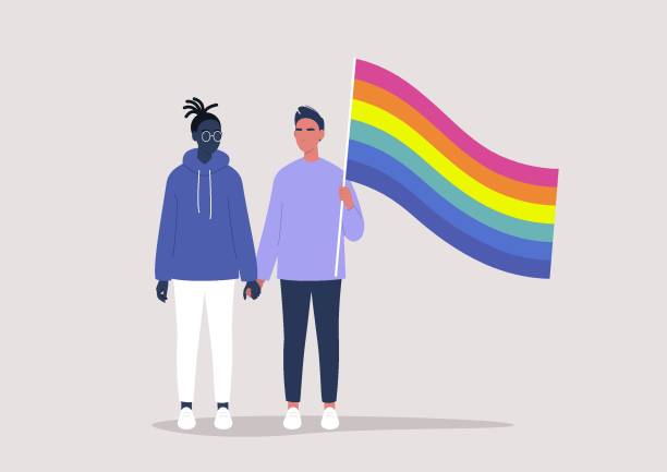 ilustra�ções, clipart, desenhos animados e ícones de um casal homossexual segurando as mãos um do outro e agitando uma bandeira do arco-íris, mês do orgulho, comunidade lgbtq, direitos humanos - bi sexual illustrations