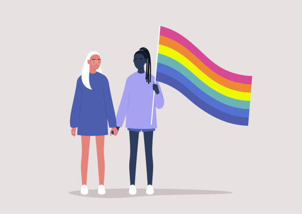 A homosexual lesbian couple holding each other's hands and waving a rainbow flag, Pride month, LGBTQ community, human rights A homosexual lesbian couple holding each other's hands and waving a rainbow flag, Pride month, LGBTQ community, human rights lesbian flag stock illustrations