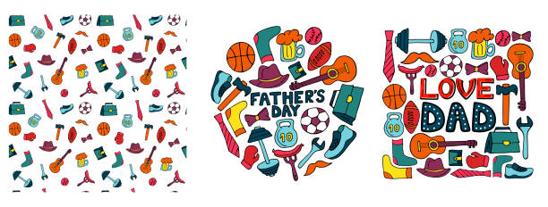 ilustrações de stock, clip art, desenhos animados e ícones de happy father's day. set of banners in doodle style. men's lifestyle, sports equipment, clothes and accessories. - fork wrench