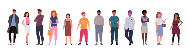 группа молодых людей на белом фоне - group of people multi ethnic group white background business stock illustrations