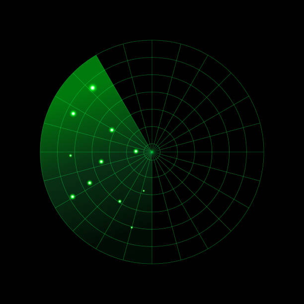 zielony radar wyizolowany na ciemnym tle. wojskowy system wyszukiwania. wyświetlacz radarowy hud. ilustracja wektorowa - nastawnia kolejowa stock illustrations