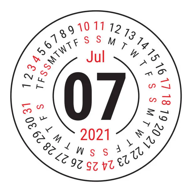 Vector illustration of July 2021. Vector English сalendar. Round calender. Week starts on Sunday. Design template. Circle. Seventh month