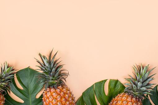 Beautiful pineapple on tropical palm monstera leaves isolated on bright pastel orange yellow background, top view, flat lay, overhead above summer fruit.