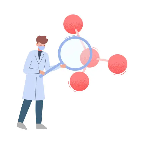 Vector illustration of Male Scientist in White Coat Analyzing Molecular Structure with Magnifying Gass Flat Style Vector Illustration
