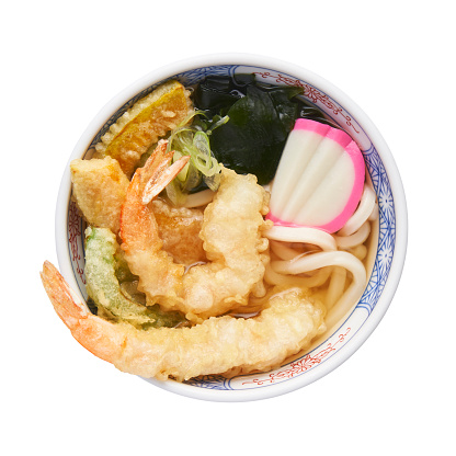 Tempura Udon, Tempura Mori topping on udon noodles soup, isolated on white background with clipping path