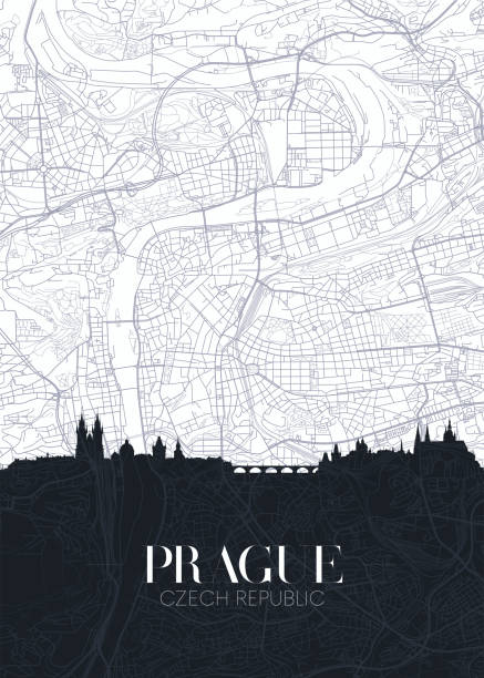 Skyline and city map of Prague, detailed urban plan vector print poster Skyline and city map of Prague, detailed urban plan vector print poster prague art stock illustrations