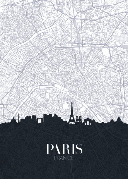 ilustrações, clipart, desenhos animados e ícones de skyline e mapa da cidade de paris, pôster detalhado de impressão de vetor de plano urbano - paris