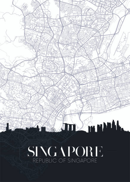 싱가포르의 스카��이라인 과 도시 지도, 상세한 도시 계획 벡터 인쇄 포스터 - silhouette cartography singapore map stock illustrations