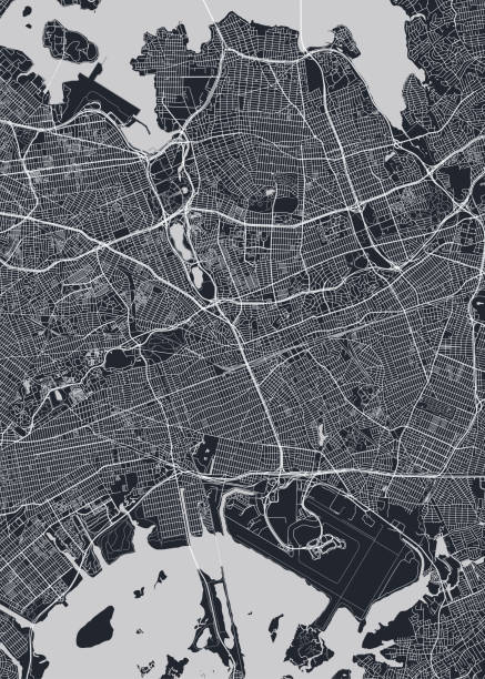 illustrazioni stock, clip art, cartoni animati e icone di tendenza di mappa dettagliata del quartiere della città di queens new york, poster vettoriale monocromatico o vista aerea della città da cartolina - queens