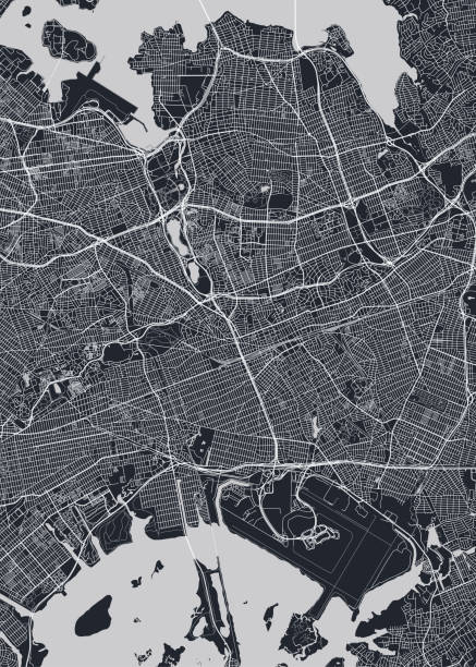 クイーンズニューヨーク市の詳細な自治区図、モノクロベクトルポ  スターやポストカード市街のストリートプラン空中写真 - ニューヨーク市クイーンズ区点のイラスト素材／クリップアート素材／マンガ素材／アイコン素材