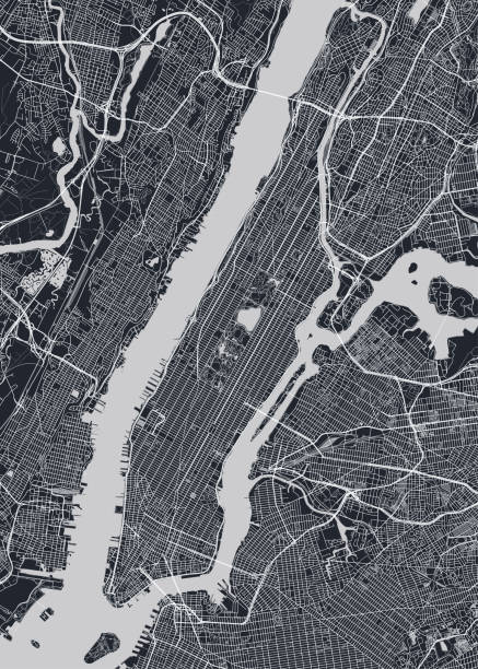 bildbanksillustrationer, clip art samt tecknat material och ikoner med detaljerad borough karta över manhattan new york city, monokrom vektor affisch eller vykort stadsgatplan flygvy - new york