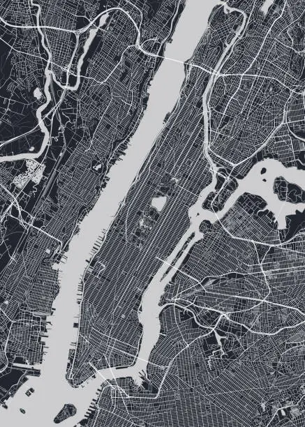 Vector illustration of Detailed borough map of Manhattan New York city, monochrome vector poster or postcard city street plan aerial view