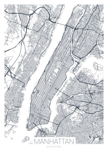 ilustrações, clipart, desenhos animados e ícones de mapa detalhado do bairro de manhattan nova york, pôster vetorial ou cartão postal para a estrada da cidade e plano de parque - aerial view manhattan new york city new york state