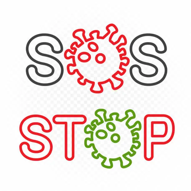 Vector illustration of coronavirus sos and stop symbol set