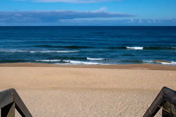 Atlantic Ocean view from the boardwalk at Quiaios beach, Portugal.