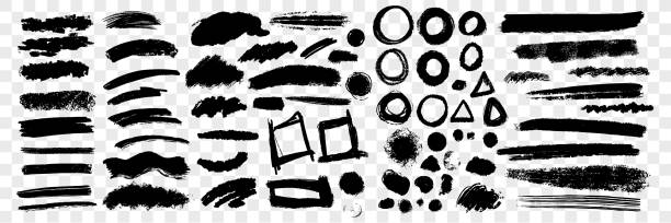Brush hand drawn scribbles underlines, circles set collection Brush hand drawn underlines, circles, squares set collection. Collection of scribbles brush underlines, circles with squares on transparent background. Pen brush pencil lines with geometric figures. in a row single line symbol underline stock illustrations