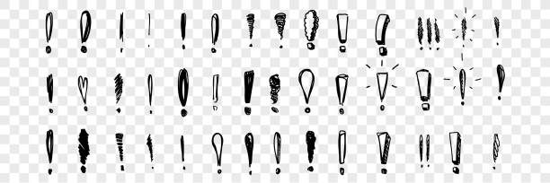 Hand drawn exclamation marks set collection Hand drawn exclamation marks set collection. Pencil and ink various scattered exclamation marks. Sketches of punctuation sign isolated on transparent background. Vector illustration exclamation point stock illustrations