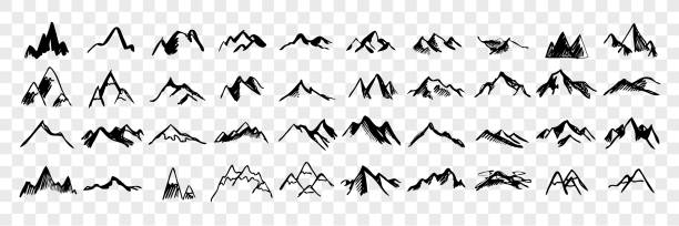 Sketch, hand drawn mountain peaks set collection Sketch, hand drawn mountain peaks set collection. Scribbles. Pen, pencil, ink hand drawn mountain peaks. Sketch of different form and height mountains isolated on transparent background. Vector panoramic country road single lane road sky stock illustrations
