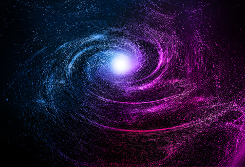 3D render of neon cosmic nebula and vortex, internet science and technology background.