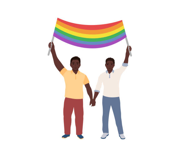 頭の上に虹の旗を持つ2人の黒人lgbt男性。ハッピープライド月。ベクトルの図 - two flags点のイラスト素材／クリップアート素材／マンガ素材／アイコン素材
