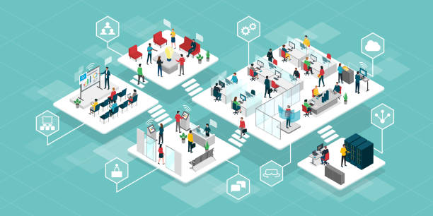 Efficient innovative company and business people working together Efficient innovative company and business people working together in a virtual space: office, meeting room, conference room, server room and reception isometric projection stock illustrations