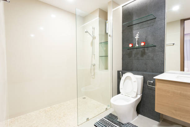 modern toilet and glass partition of shower zone modern toilet and glass partition of shower zone screen partition stock pictures, royalty-free photos & images