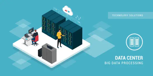 Vector illustration of Engineers working in the data center and monitorning servers