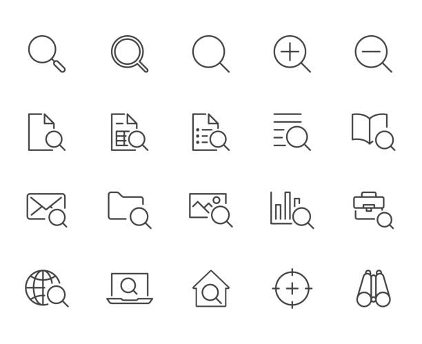 Search line icons set. Zoom, find document, magnify glass symbol, look tool, binoculars minimal vector illustrations. Simple flat outline signs for web interface. Pixel Perfect Editable Stroke Search line icons set. Zoom, find document, magnify glass symbol, look tool, binoculars minimal vector illustrations. Simple flat outline signs for web interface. Pixel Perfect Editable Stroke. magnifying glass book stock illustrations