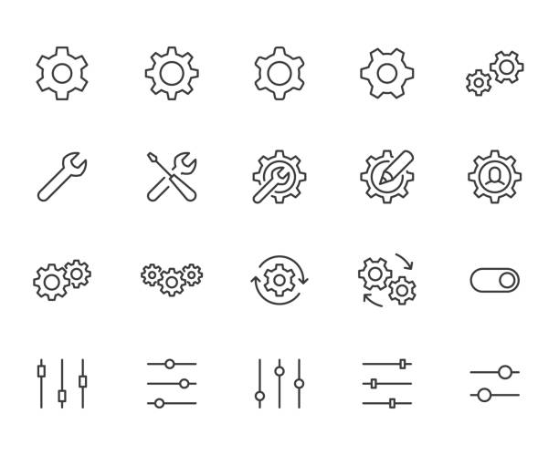 Gear, cogwheel line icons set. App settings button, slider, wrench tool, fix concept minimal vector illustrations. Simple flat outline signs for web interface. Pixel Perfect. Editable Stroke Gear, cogwheel line icons set. App settings button, slider, wrench tool, fix concept minimal vector illustrations. Simple flat outline signs for web interface. Pixel Perfect. Editable Stroke. wrench stock illustrations