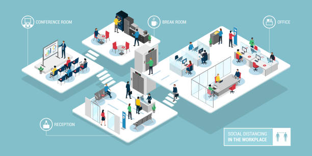 i̇şyerinde sosyal mesafe: iş yerinde çalışanlar - bilgi grafiği illüstrasyonlar stock illustrations