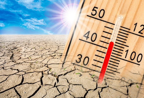 high temperature on thermometer over cracks in the dried out ground