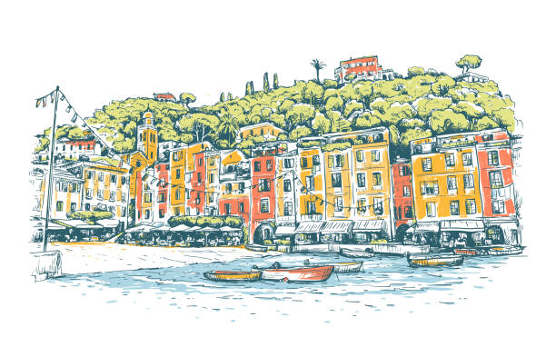 illustrazioni stock, clip art, cartoni animati e icone di tendenza di portofino. italia. disegna sfondo vettoriale colorato con barche e case europee sulla costa del mare. design luminoso per stampa, pubblicazione, cartolina, poster, banner di viaggio o carta - italian house