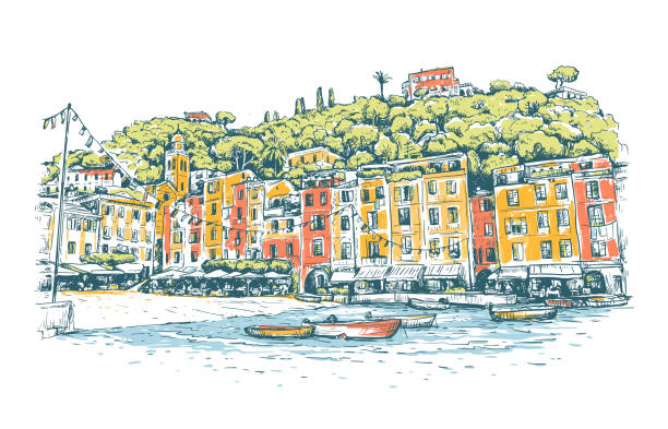 Portofino. Italy. Sketch colorful vector  background with boats, and European houses on sea coast. Bright design for print, publication, postcard, poster, travel banner or card Portofino. Italy. Sketch colorful vector  background with boats, and European houses on sea coast. Bright design for print, publication, postcard, poster, travel banner or card. Horizontal vector drawing portofino stock illustrations