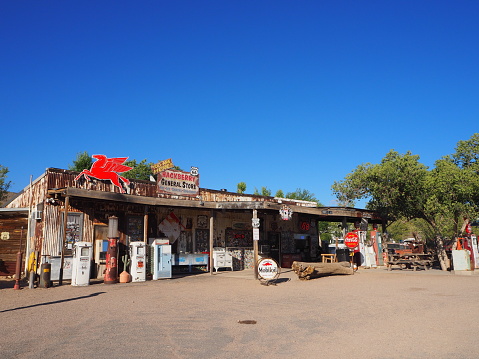 On the route 66, tourists can stop and admire the old Hackberry General store in between Kingman and Seligman in July 2019. Pictures taken from outside from the road.