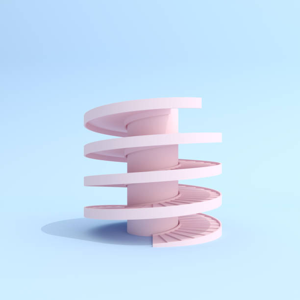 3D rendering. Spiral staircase on pink background. Minimal.